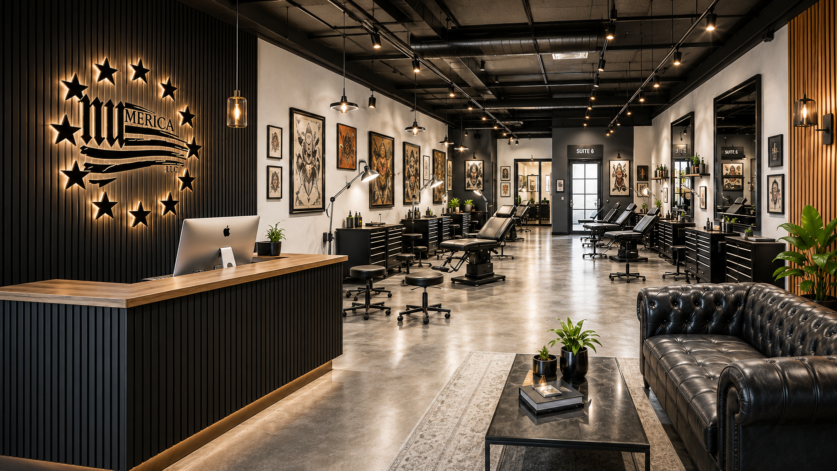 Numerica — commercial interior with reception, lounge and treatment suites